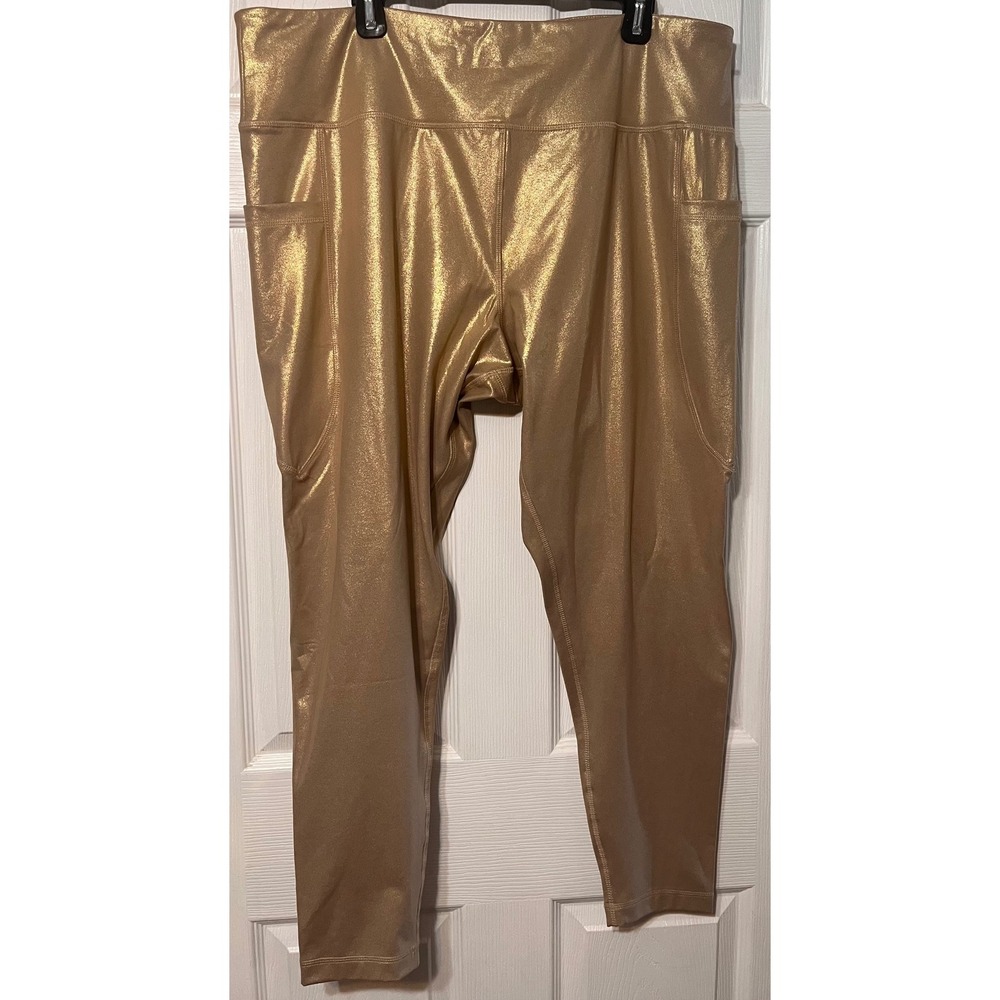 Live Well Active Womens Metallic Gold High Waist Leggings Pockets 22/24W NWT